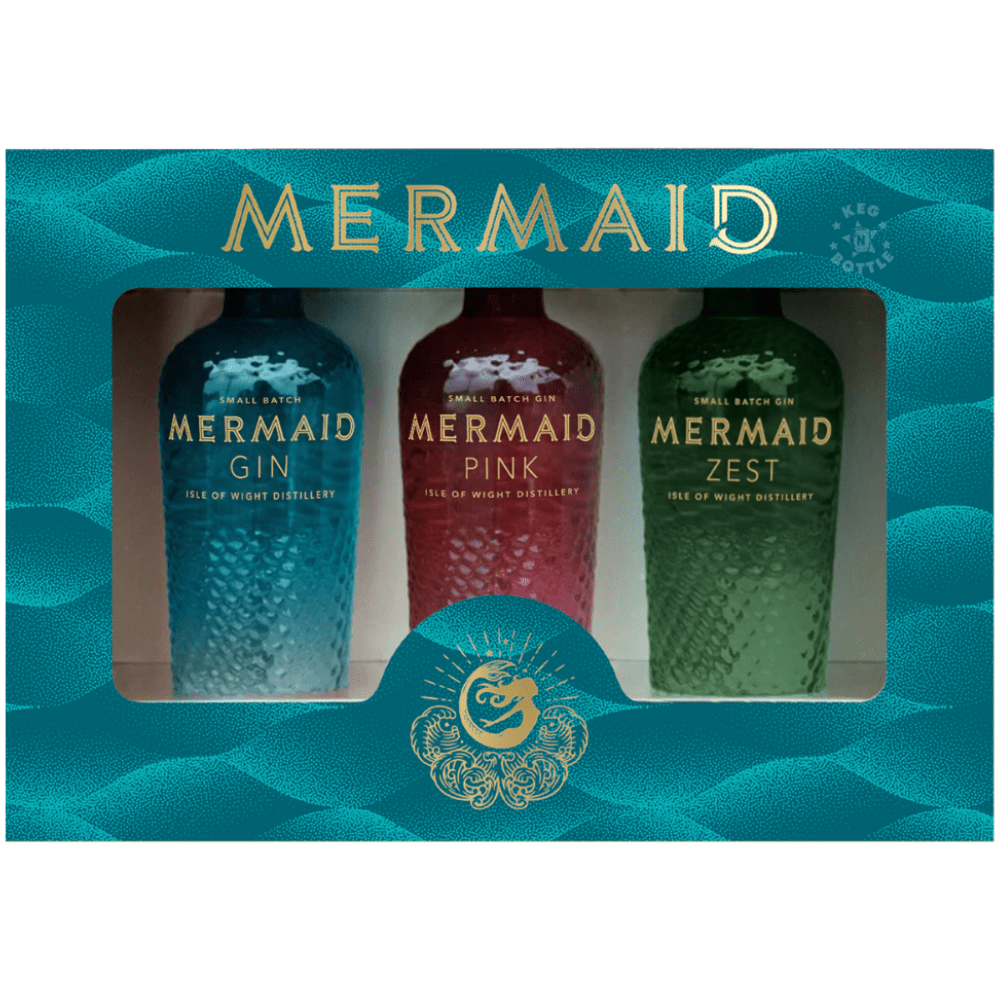 Mermaid Gin Mini Trio Gift Set featuring three 50mL miniature bottles of Mermaid Gin, Mermaid Pink Gin, and Mermaid Zest Gin in an elegant turquoise ocean-inspired presentation box from Isle of Wight Distillery.