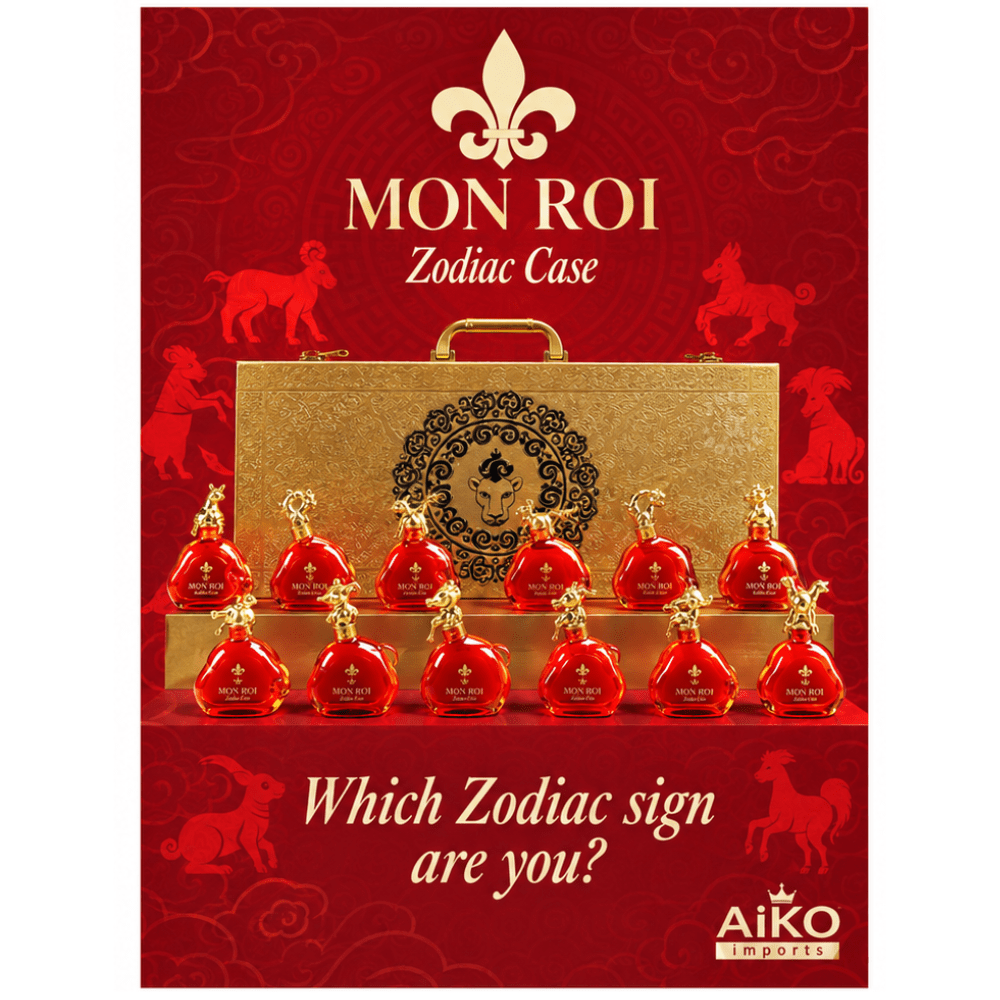 Mon Roi Zodiac XO Brandy Case with twelve 100mL French XO Brandy zodiac bottles presented in a custom gold carrying case.