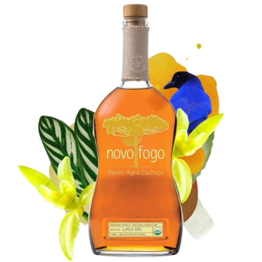 Bottle of Novo Fogo Barrel-Aged Cachaça with tropical flowers, leaves, and bird illustration