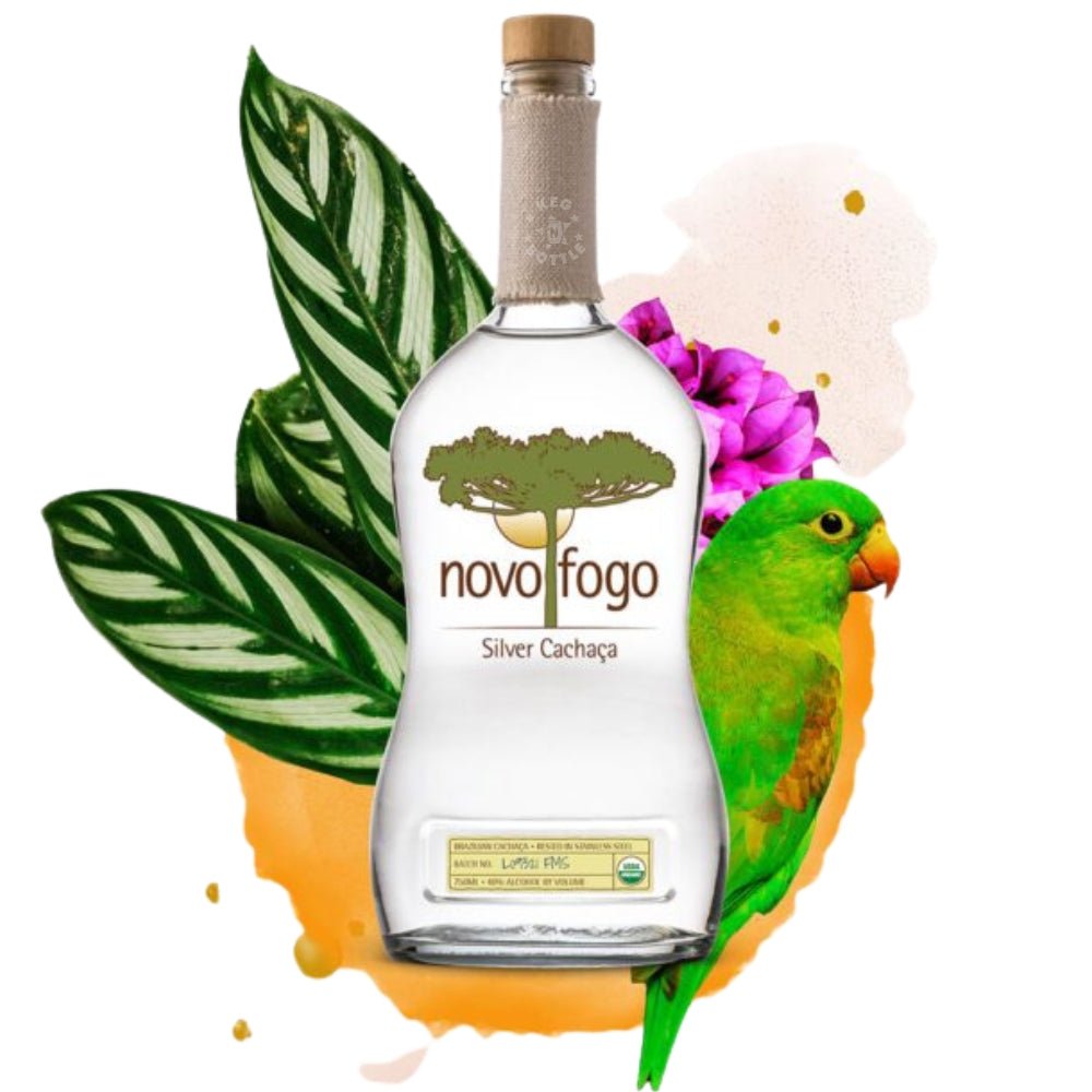 Bottle of Novo Fogo Silver Cachaça with rainforest leaves, flowers, and parrot illustration