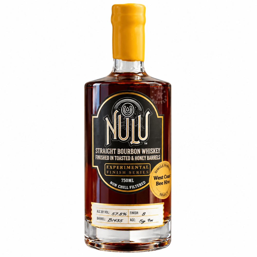 NULU West Coast Bee Hive Single Barrel Straight Bourbon Whiskey 750mL bottle featuring a black and gold label, Experimental Finish Series, toasted and honey barrel finish, and 115.6 proof.