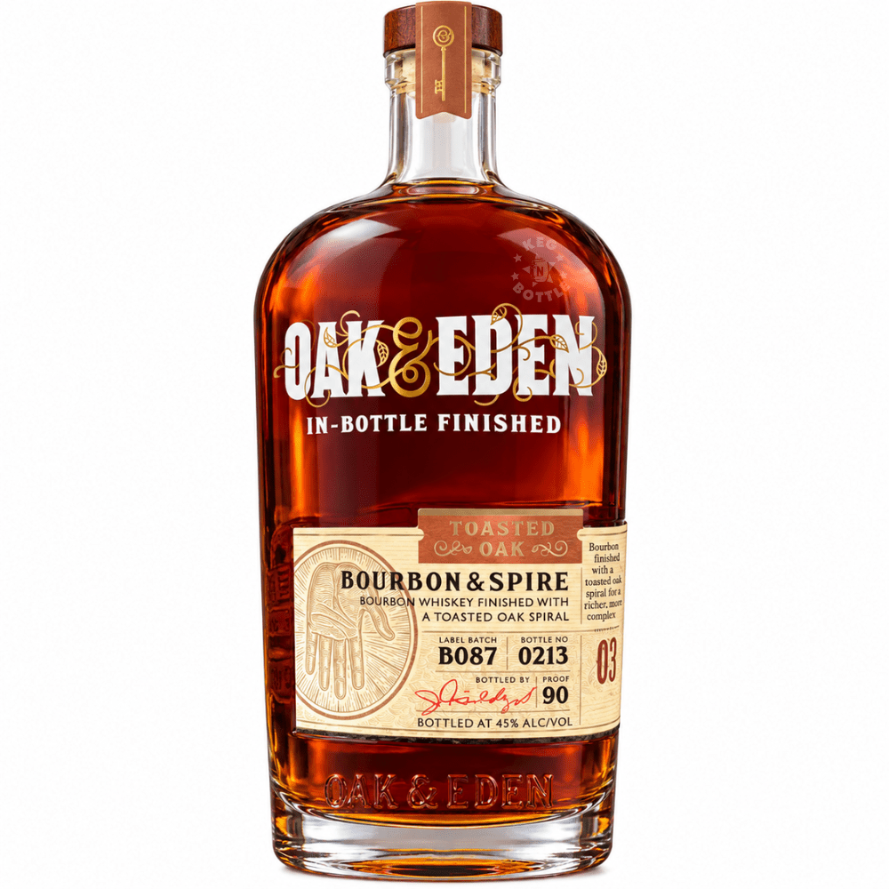 Oak & Eden Toasted Oak Bourbon & Spire In-Bottle Finished Bourbon Whiskey 750mL with toasted oak spiral, 45% ABV and 90 proof.