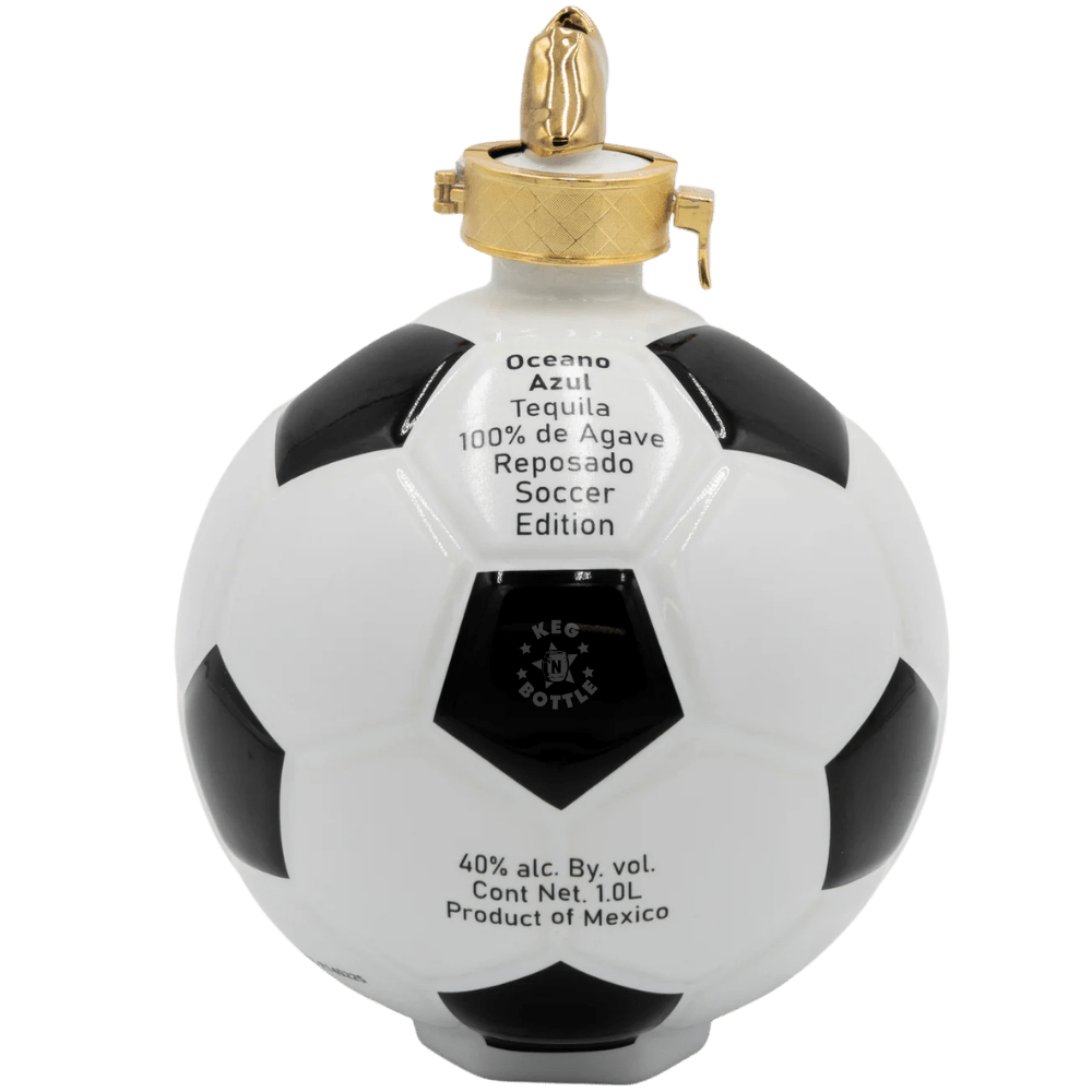 Oceano Azul Soccer Ball Reposado Tequila in collectible black and white ceramic soccer ball bottle packaging