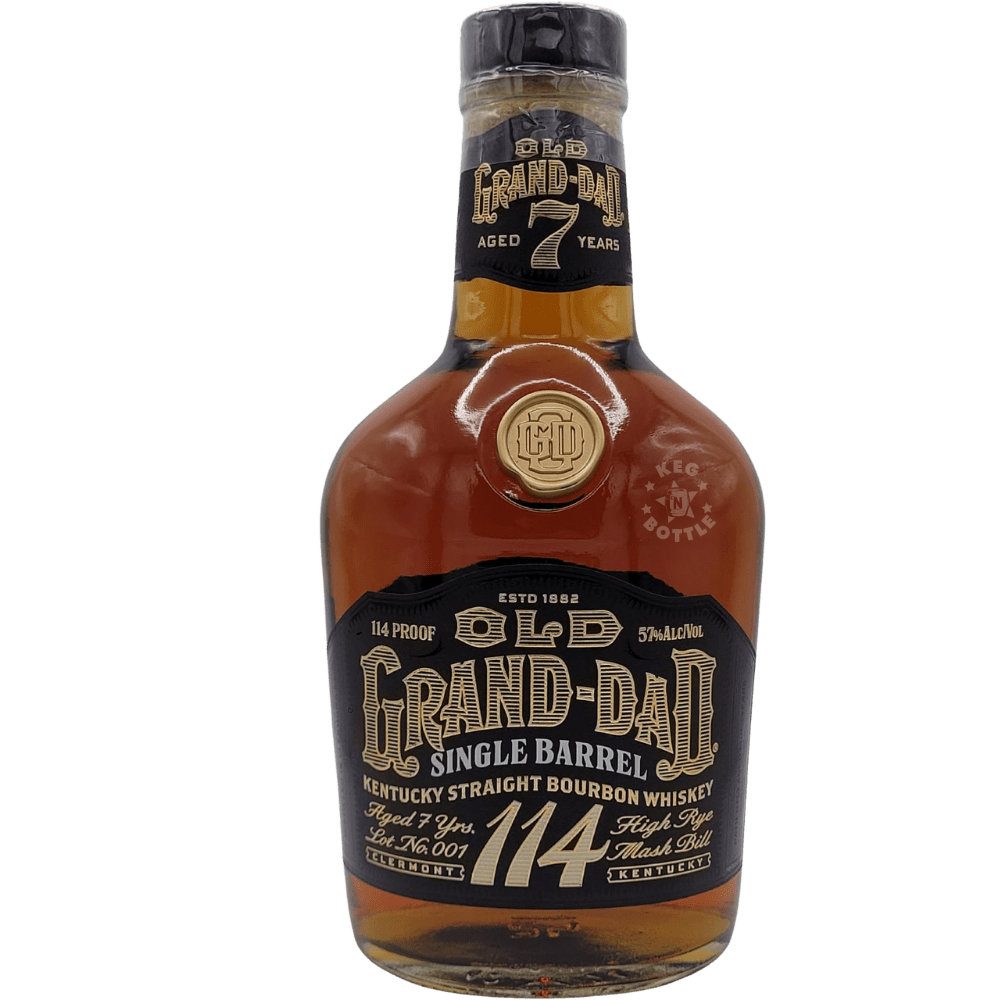 Bottle of Old Grand-Dad 114 Proof 7 Year Single Barrel Kentucky Straight Bourbon Whiskey with black and gold label design.