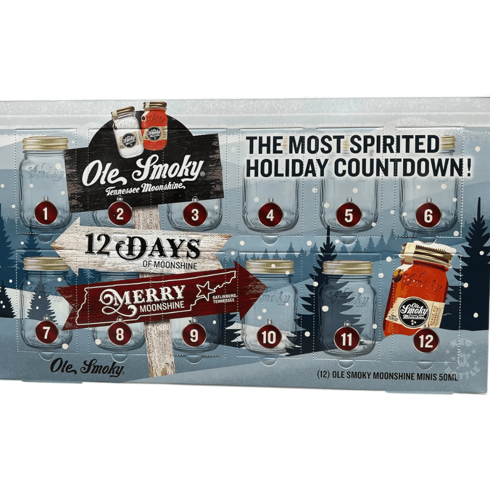Ole Smoky 12 Days of Moonshine Holiday Pack box showing numbered mason jar windows and festive winter artwork for a 12-day moonshine countdown.
