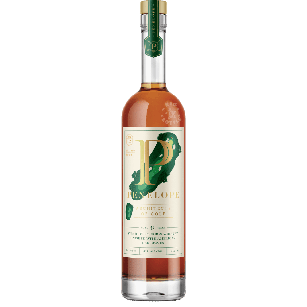 Bottle of Penelope Architects of Golf Straight Bourbon Whiskey with golf course inspired label and amber bourbon whiskey