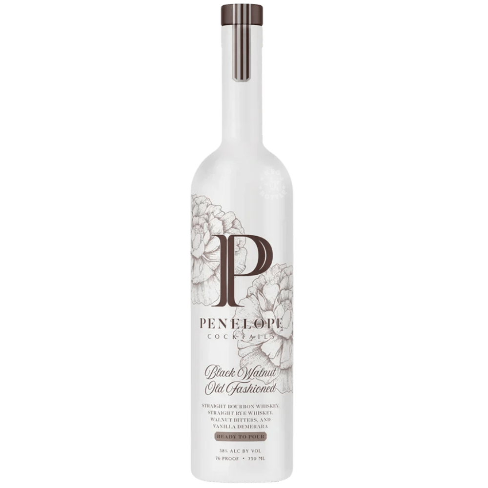 Bottle of Penelope Blackberry Old Fashioned Ready-To-Pour Cocktail with white floral design bottle and purple accents