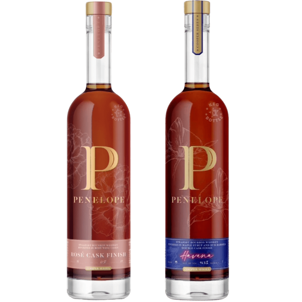 Penelope Cooper Series Bundle featuring Penelope Rosé Cask Finish Bourbon and Penelope Havana Bourbon Cuban Rum Barrel Whiskey, two 750mL bottles.