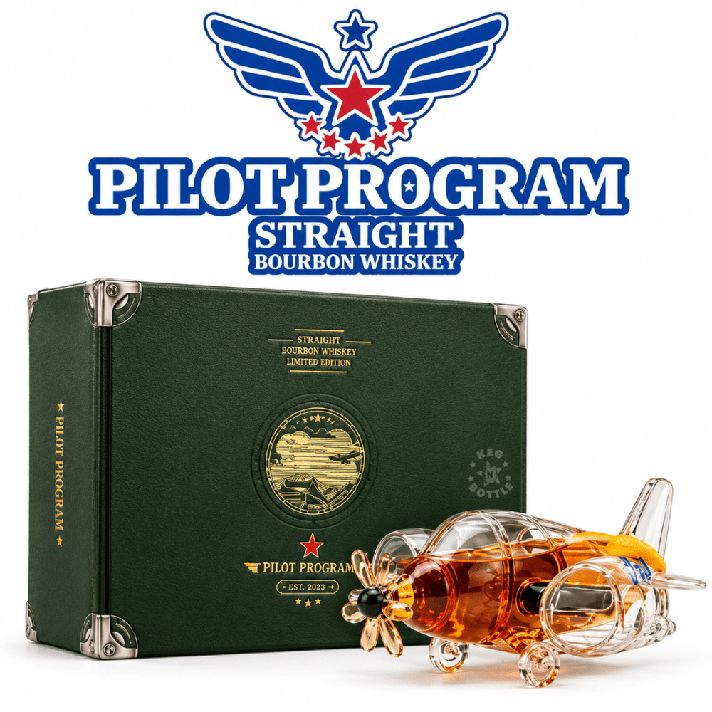 Pilot Program Straight Bourbon Whiskey Collector’s Edition featuring an airplane-shaped whiskey decanter with premium green aviation-themed presentation case.