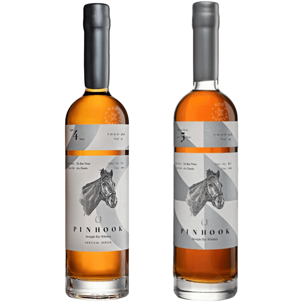 Pinhook Tiz Rye Time Vertical Series whiskey combo featuring 4-year and 5-year straight rye whiskey bottles with gray geometric labels, horse illustrations, and amber-colored whiskey.