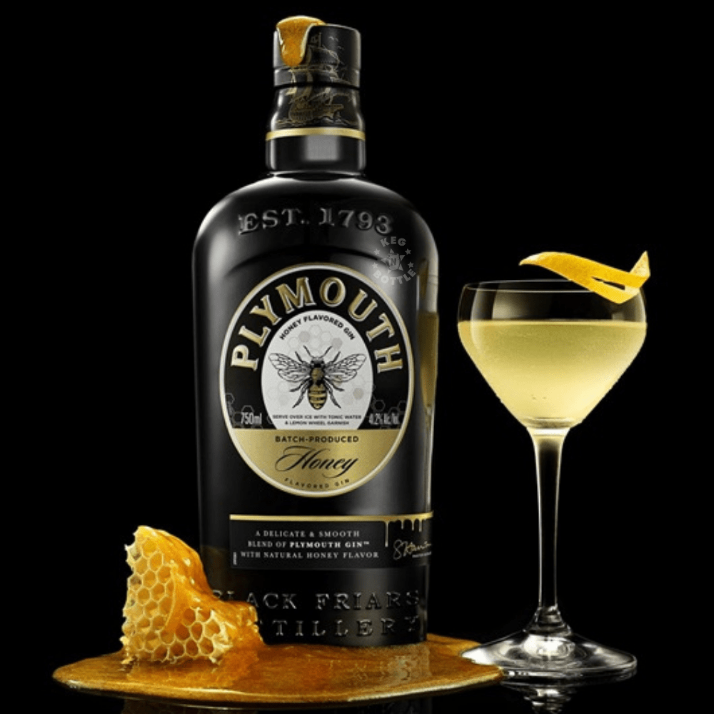 Black bottle of Plymouth Honey Gin Liqueur with gold and white label design 2