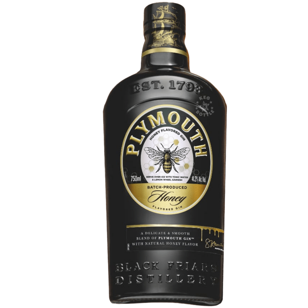 Black bottle of Plymouth Honey Gin Liqueur with gold and white label design
