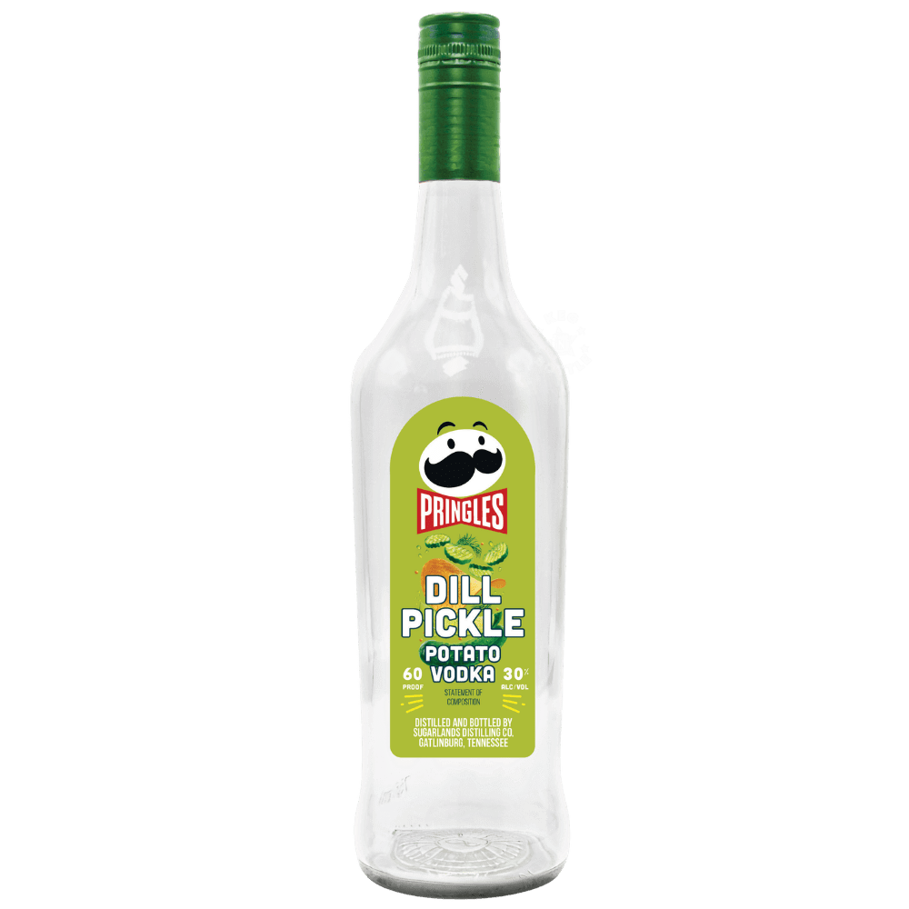 Pringles Dill Pickle Potato Vodka 750mL clear glass bottle featuring a bright green Pringles Dill Pickle label, green cap, and 60 proof branding.