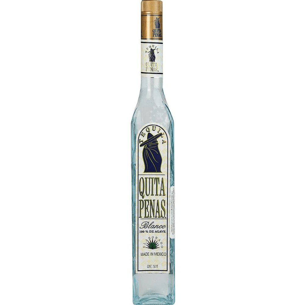 Quita Penas Tequila Blanco 1L in a tall clear bottle with traditional white and black label | Keg N Bottle.