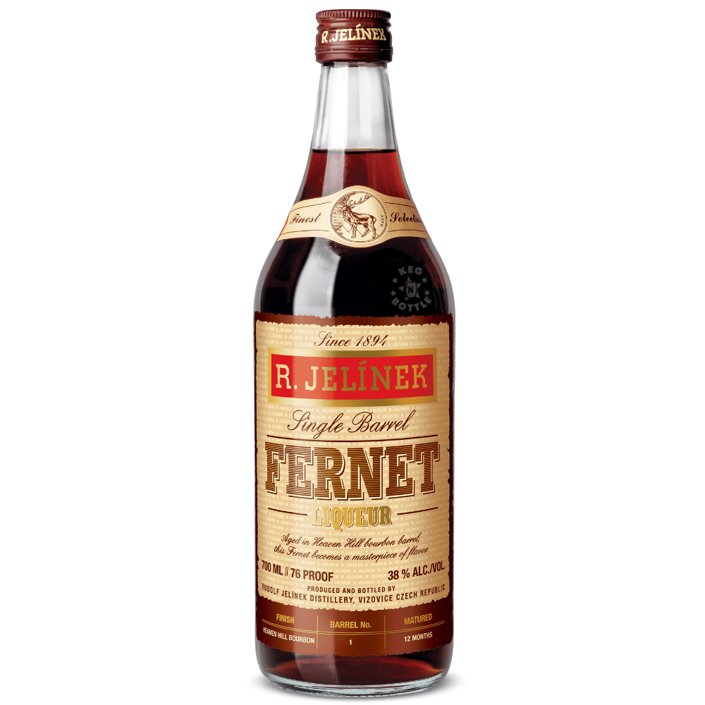 R. Jelinek Single Barrel Fernet Liqueur 700mL bottle, a 76 proof Czech digestif matured in a Heaven Hill bourbon barrel.