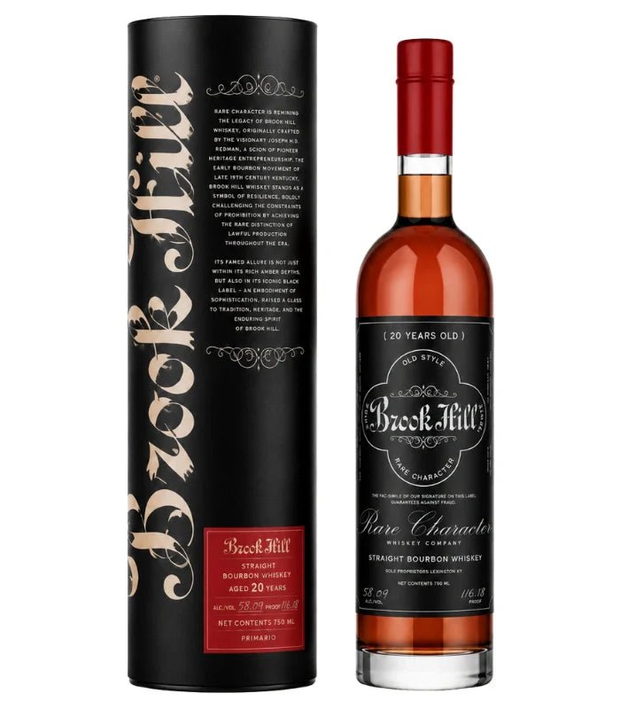 A bottle of Brook Mill Rare Character 20 Years Old Straight Bourbon Whiskey next to its black cylindrical packaging tube, both featuring white and red text, on a white background.