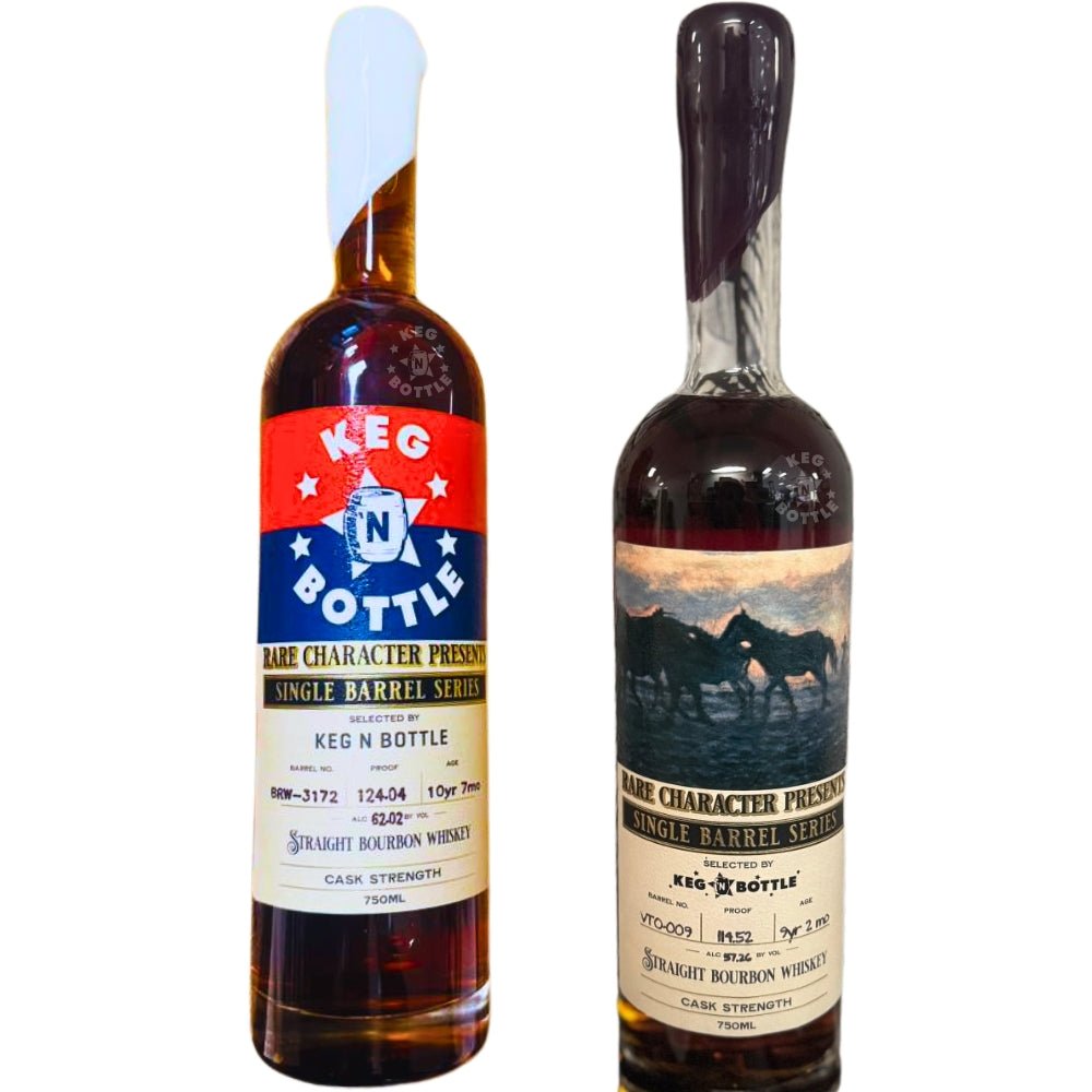 Rare Character x Keg N Bottle white and purple wax single barrel bourbon bundle 750mL bottles