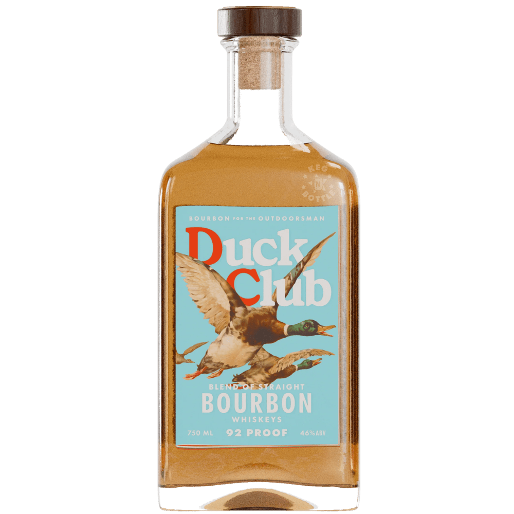 Riley Green's Duck Club Bourbon Whiskey 92 Proof 750mL bottle featuring amber bourbon, a green label with a flying duck illustration, and Bourbon for the Outdoorsman branding.