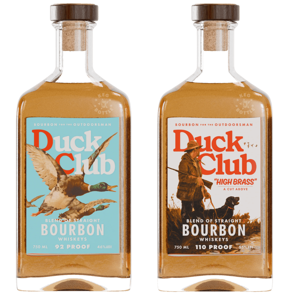 Riley Green's Duck Club Bourbon 2-Bottle Bundle featuring Original 92 Proof with a turquoise flying duck label and High Brass 110 Proof with an outdoorsman and hunting dog label, both 750mL.