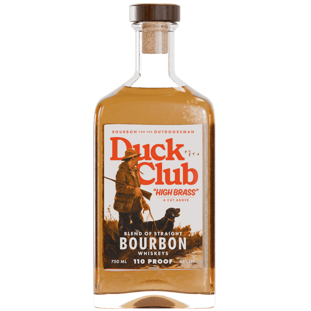 Duck Club High Brass Blend of Straight Bourbon Whiskeys 110 Proof 750mL bottle featuring an outdoorsman with a hunting dog, amber whiskey, and a vintage hunting-inspired label.