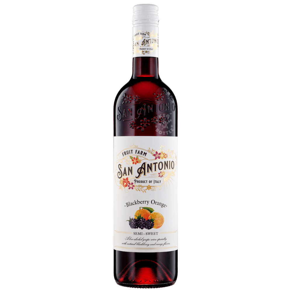 San Antonio Fruit Farm Blackberry Orange Semi-Sweet Wine 750mL bottle with natural blackberry and orange flavors.