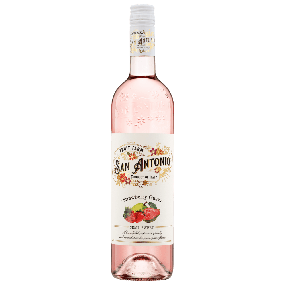 San Antonio Fruit Farm Strawberry Guava Semi-Sweet Wine 750mL bottle with natural strawberry and guava flavors.