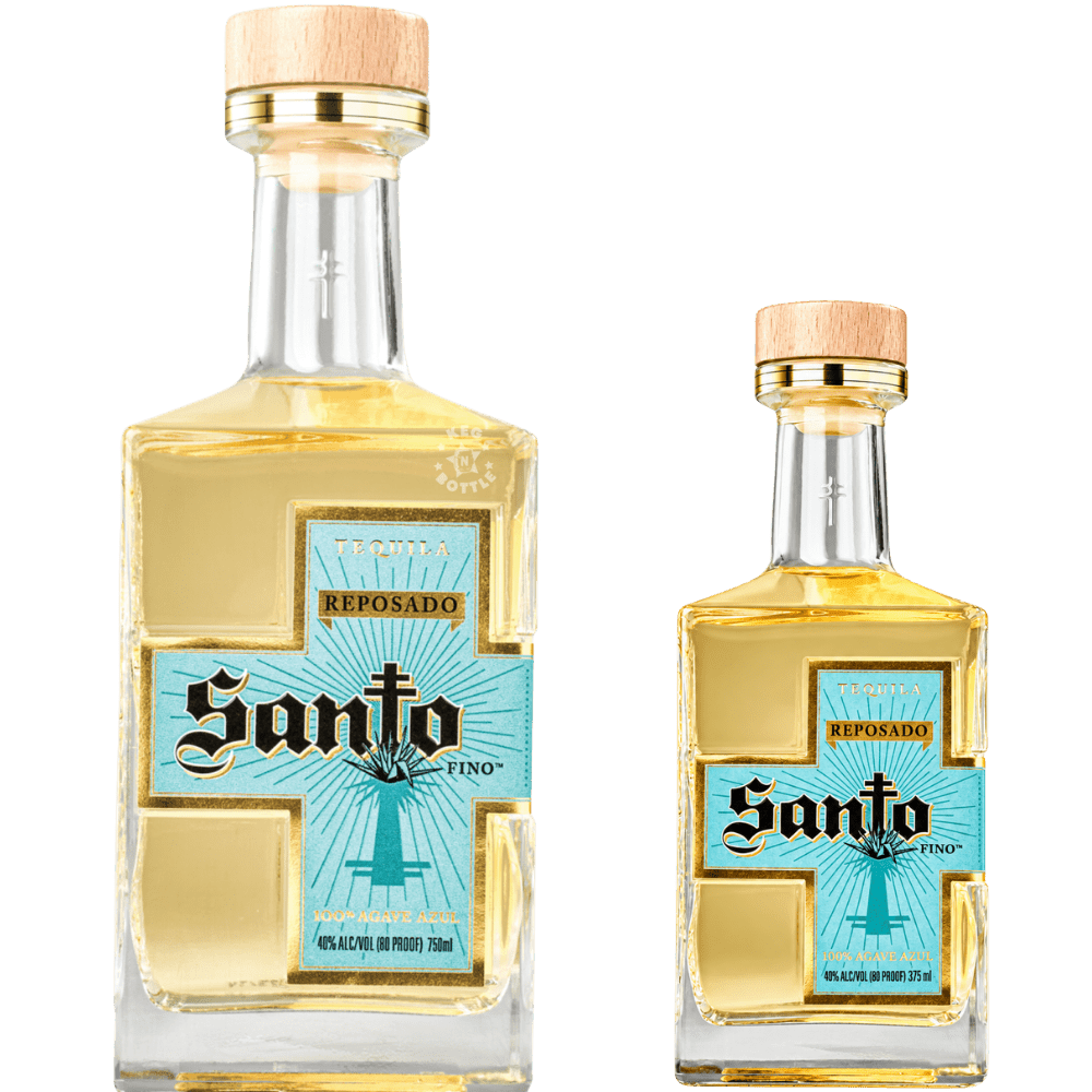 Santo Tequila Reposado Sammy Hagar and Guy Fieri two-bottle combo featuring 750mL and 375mL bottles with golden tequila, turquoise cross-shaped labels, and wooden caps.