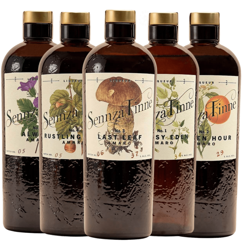 Sennza Finne Amaro Collection combo pack with five 750mL bottles including Always, Rustling Grass, Last Leaf, Easy Eden and Golden Hour Amaro.
