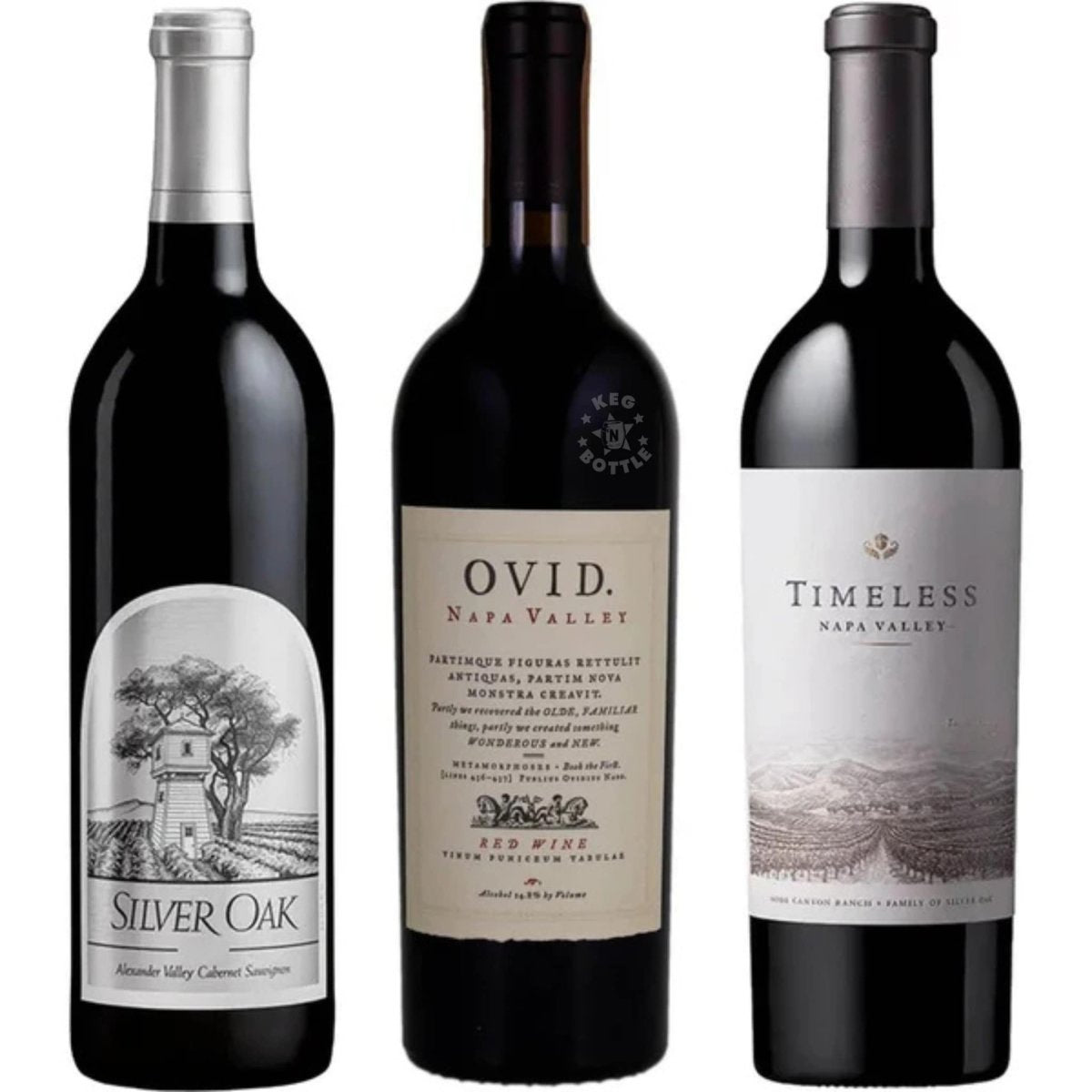 Silver Oak, Ovid Napa, and Timeless Red Wine Bundle 3-bottle set.
