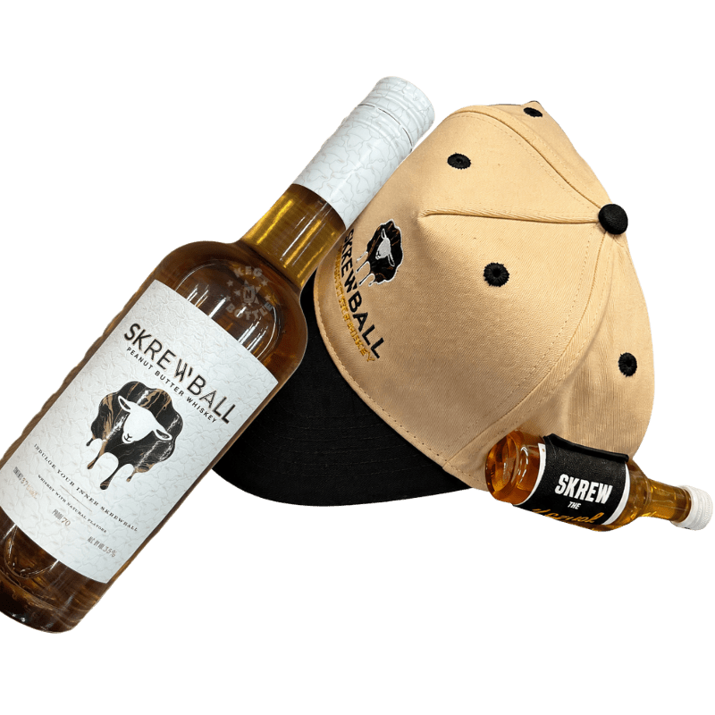 Screwball Golf Pack featuring a Skrewball golf hat with 50mL holder, Skrewball Peanut Butter Whiskey 50mL, and 375mL bottle 2