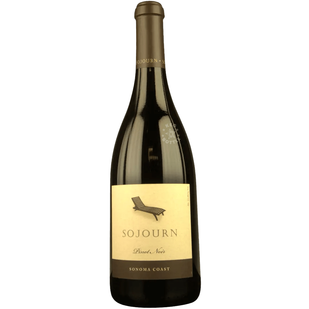 Bottle of Sojourn Sonoma Coast Pinot Noir red wine with cream-colored label and gold foil capsule