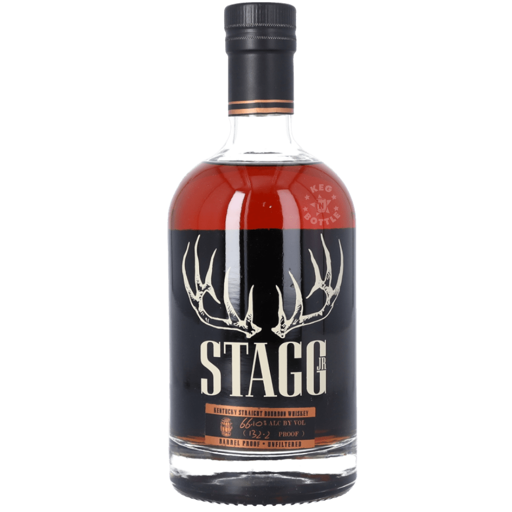 Stagg barrel proof bourbon whiskey 132.2 proof bottle with antler logo Kentucky straight bourbon