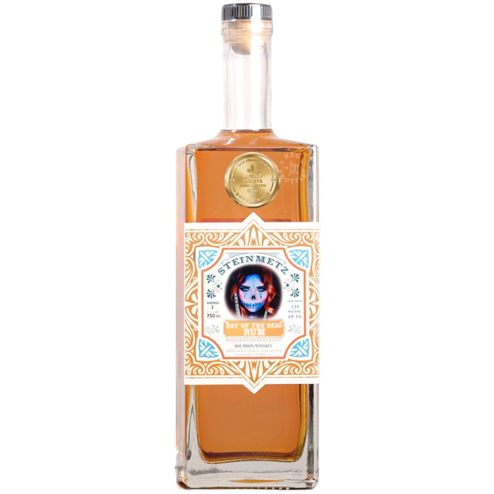 Steinmetz Cask Strength Day of the Dead Rum 139 proof 750mL bottle with orange decorative label and gold award seal