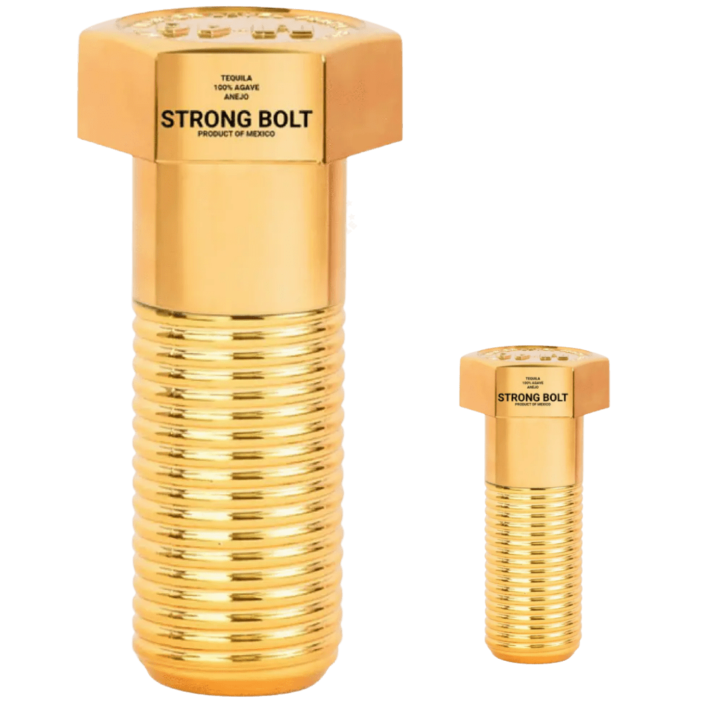 Strong Bolt Tequila Añejo M82 combo pack featuring one 700mL bottle and one 50mL miniature bottle in matching gold-toned bolt-inspired designs.