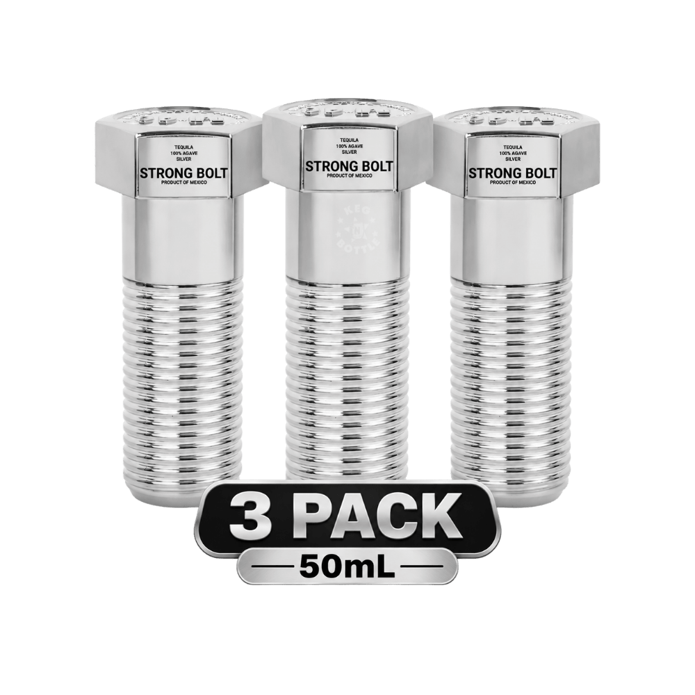 Strong Bolt Tequila Silver M82 3-pack featuring three 50mL miniature bottles of 100% agave Silver Tequila.