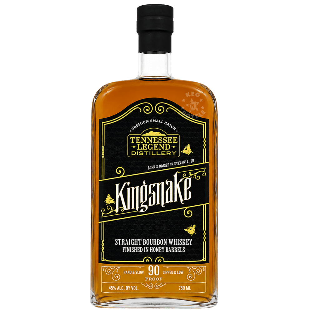 Tennessee Legend Kingsnake Honey Cask Whiskey 750mL bottle, a 90-proof straight bourbon whiskey finished in honey barrels.