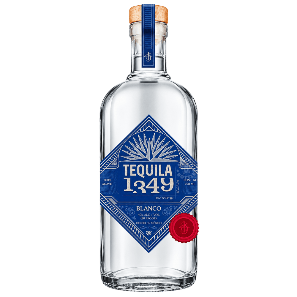 Tequila 1349 Blanco 750mL clear glass bottle featuring a blue-and-white diamond-shaped label, agave artwork, cork closure, and 40% ABV / 80 proof branding.