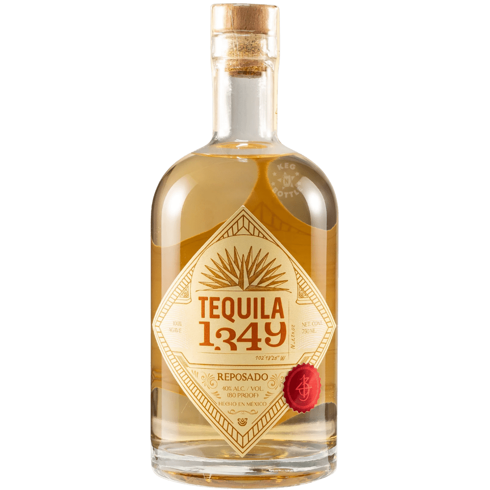 Tequila 1349 Reposado 750mL clear glass bottle featuring golden tequila, a cream and gold diamond-shaped label, agave artwork, and 40% ABV / 80 proof branding.