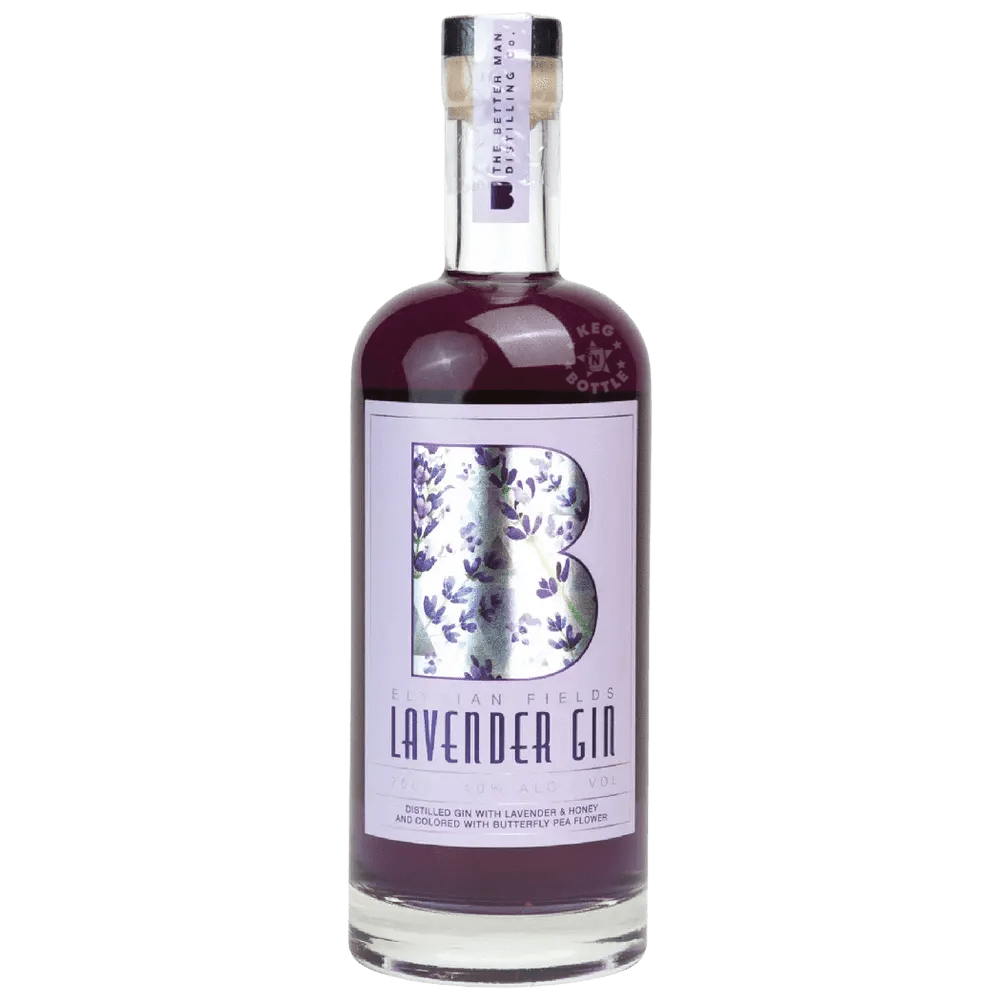 The Better Man Elysian Fields Lavender Gin 750mL bottle featuring purple gin, a cream-colored floral label with a large botanical letter B, and 40% ABV branding.