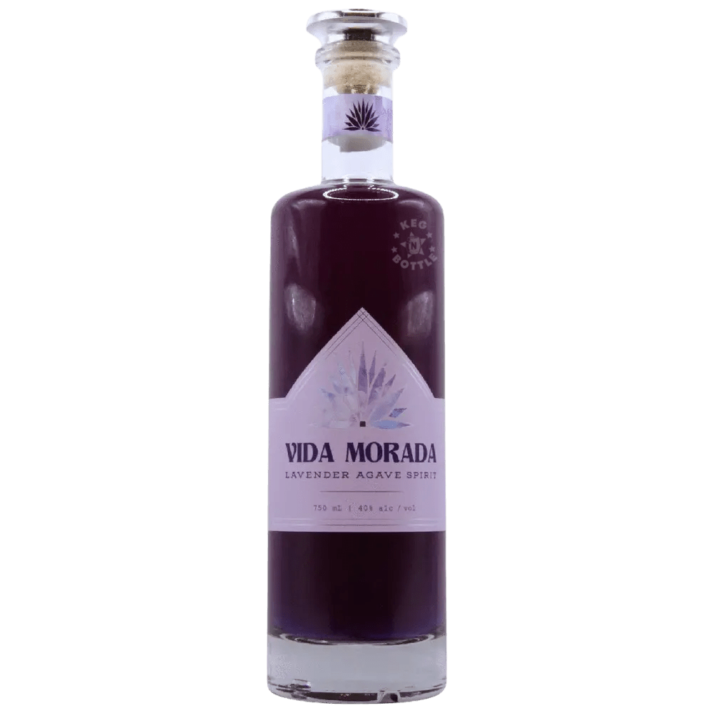 The Better Man Vida Morada Lavender Agave Spirit 750mL bottle featuring deep purple liquid, a lavender-colored label with geometric agave artwork, and 40% ABV branding.