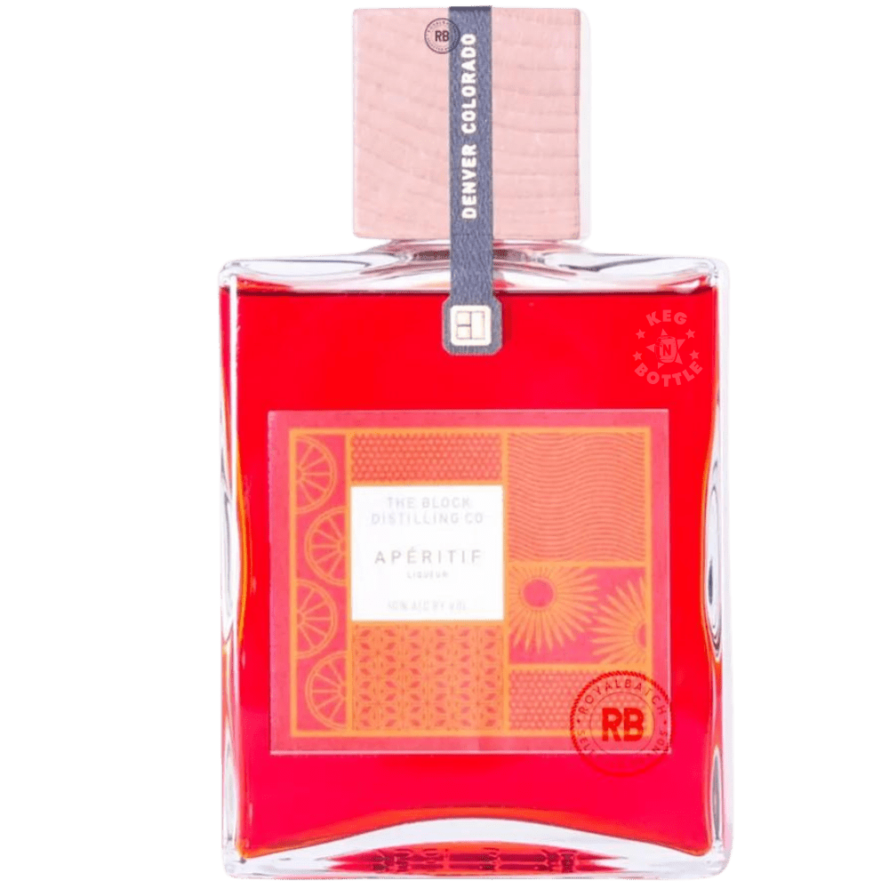 The Block Distilling Co. Aperitif 750mL bottle featuring vibrant red liquid, a colorful pink and orange label, and a distinctive pink cap.