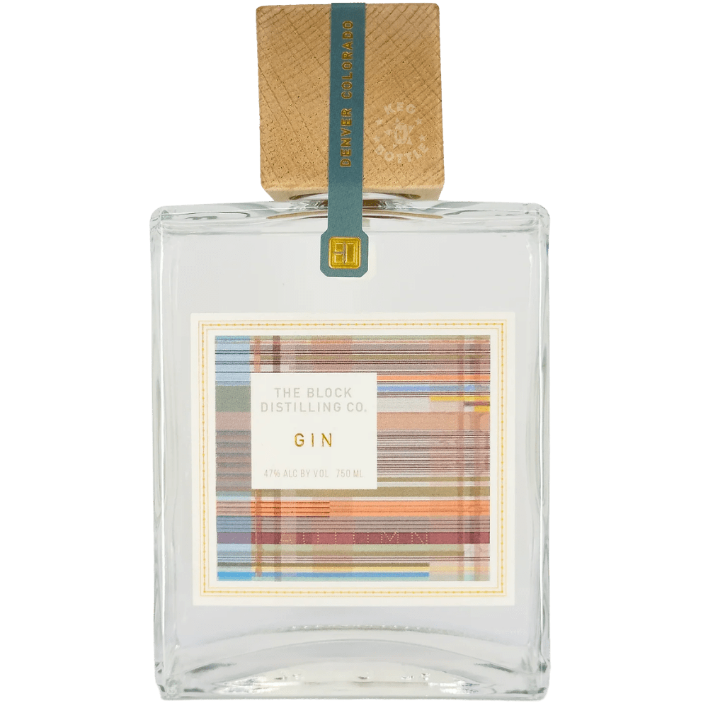 The Block Distilling Co. Autumn Gin 750mL square dark glass bottle featuring a multicolored geometric label, green neck strip, and natural wooden cap.