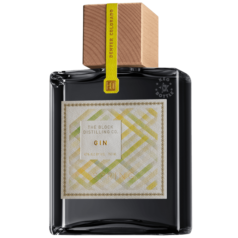 The Block Distilling Co. Spring Gin 750mL square dark glass bottle featuring a green and yellow geometric label, black neck, and natural wooden cap.