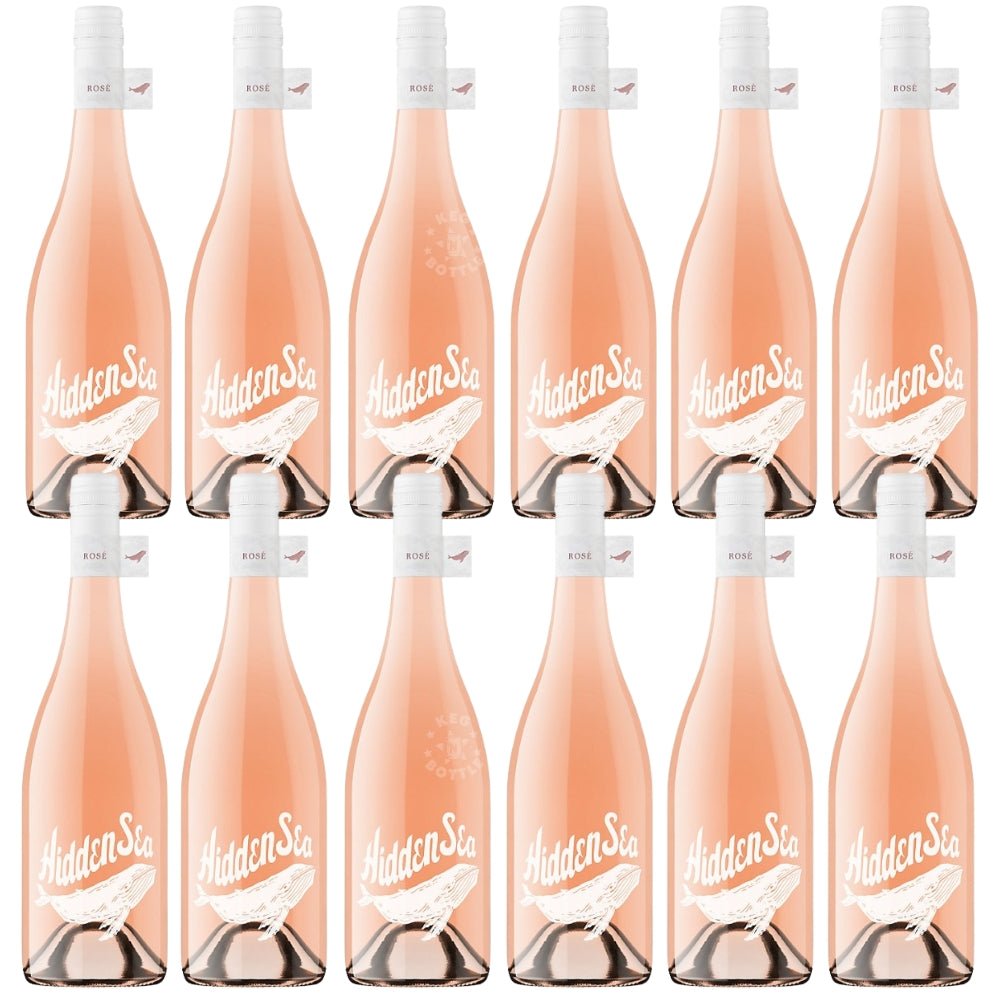 Case of twelve 750 ml bottles of The Hidden Sea Rosé from Limestone Coast in pale pastel pink with whale logo label