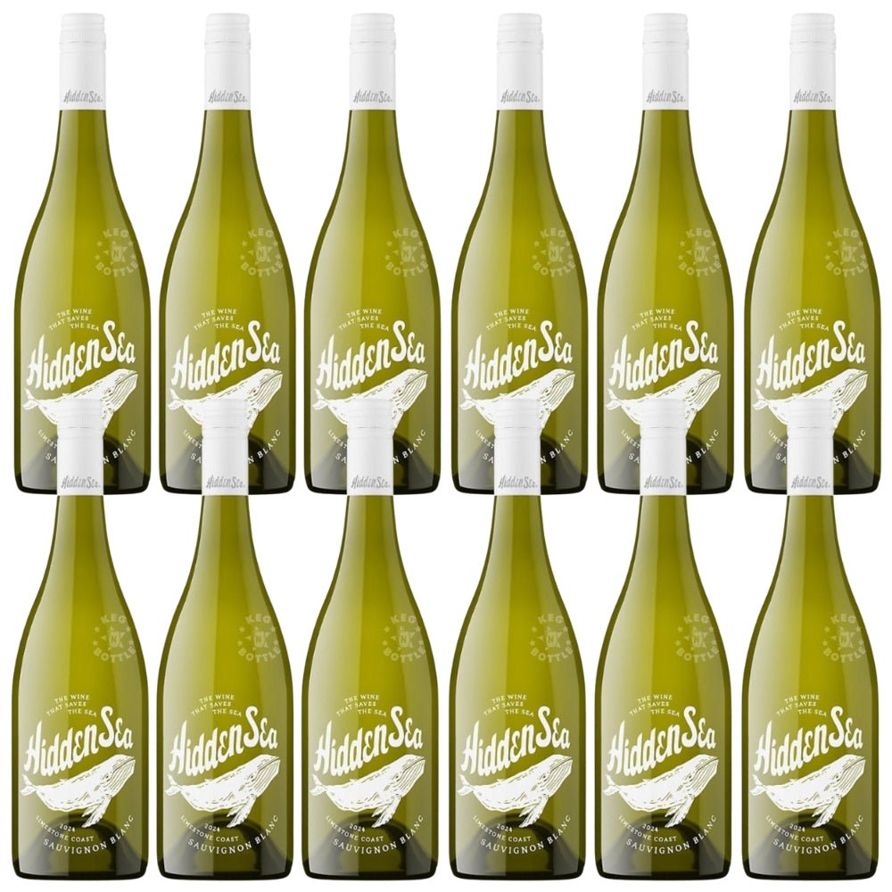 Case of twelve 750 ml bottles of The Hidden Sea Sauvignon Blanc from Limestone Coast, featuring pale straw wine and whale logo label