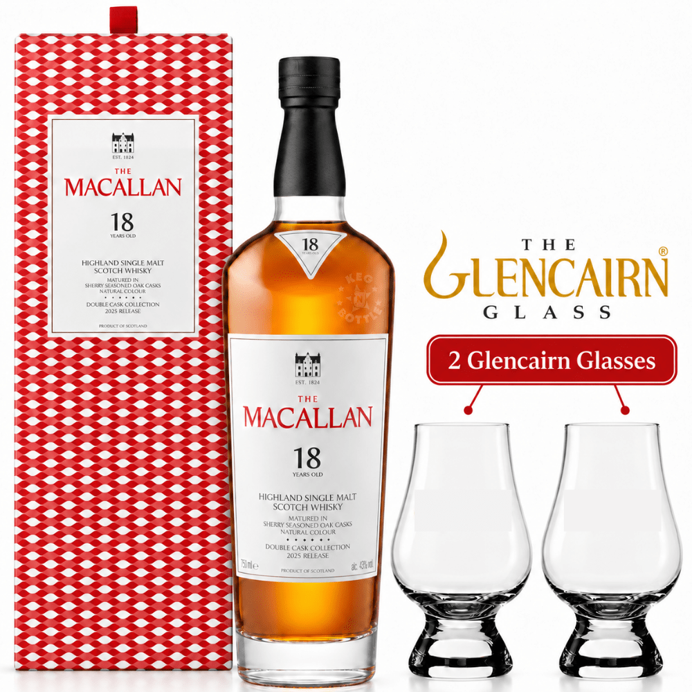 The Macallan 18 Year Double Cask Highland Single Malt Scotch Whisky 750mL bottle with original presentation box and two Glencairn whisky tasting glasses.