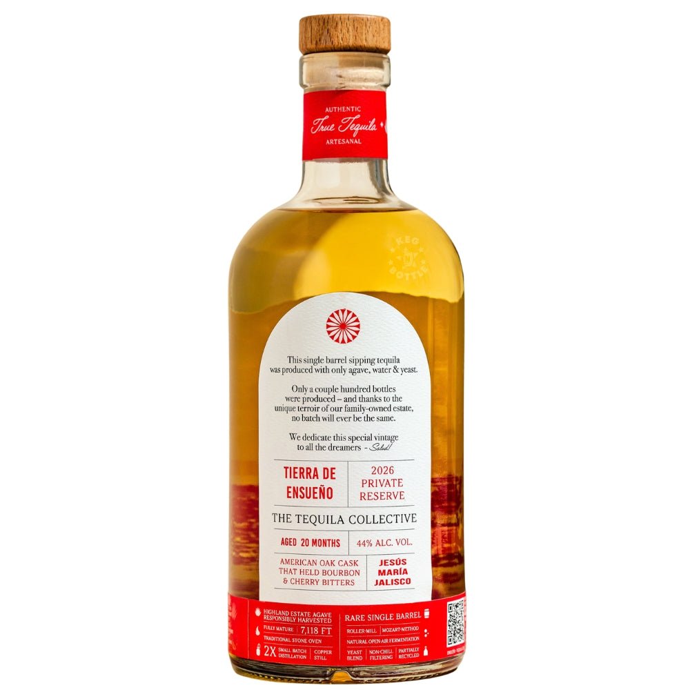 Tierra De Ensueno Anejo Tequila Collective Single Barrel 750mL bottle front and back aged 20 months in American oak 44% ABV bAck