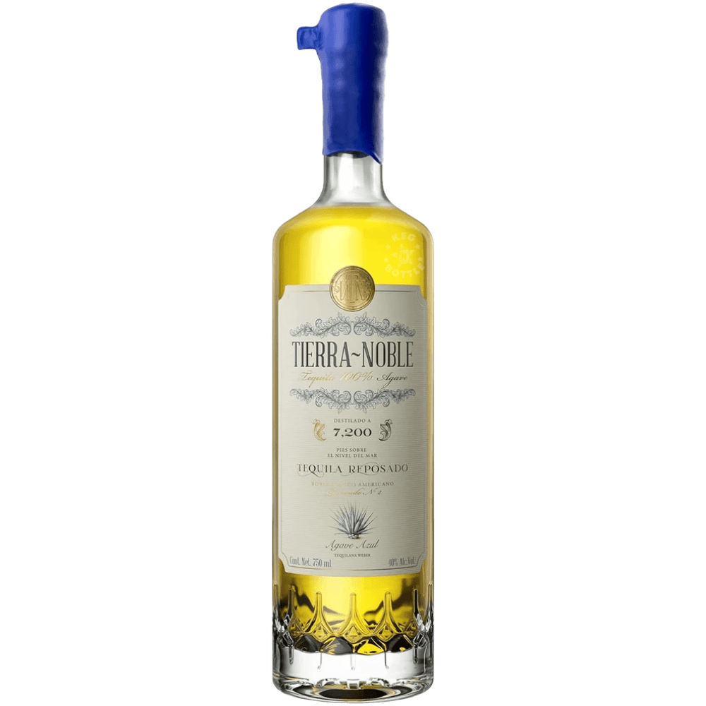 Tierra Noble Reposado Tequila 750mL bottle rested in American White Oak casks with a bright golden color.