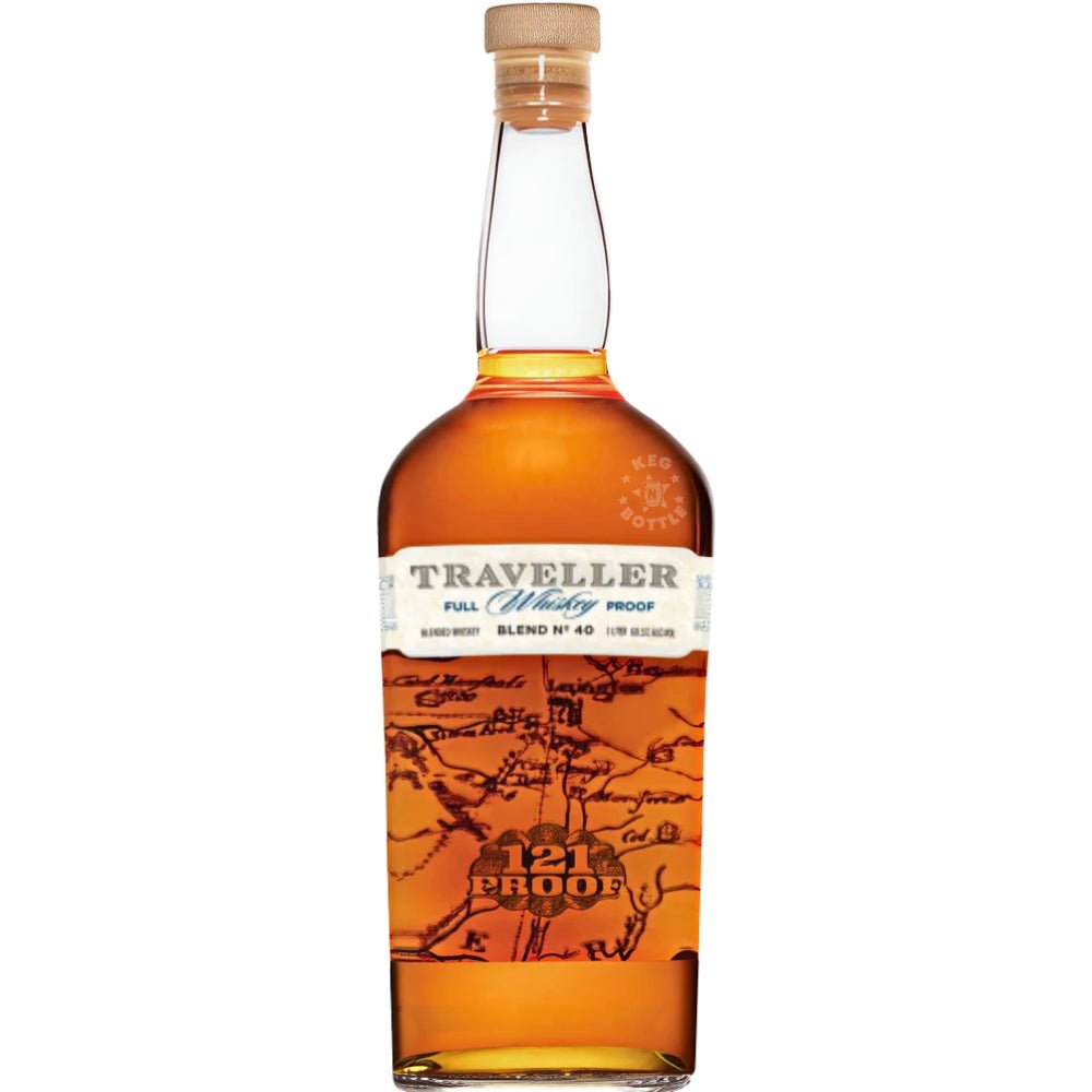 Traveller Full Proof Whiskey 750ml bottle with amber whiskey and map-style label design