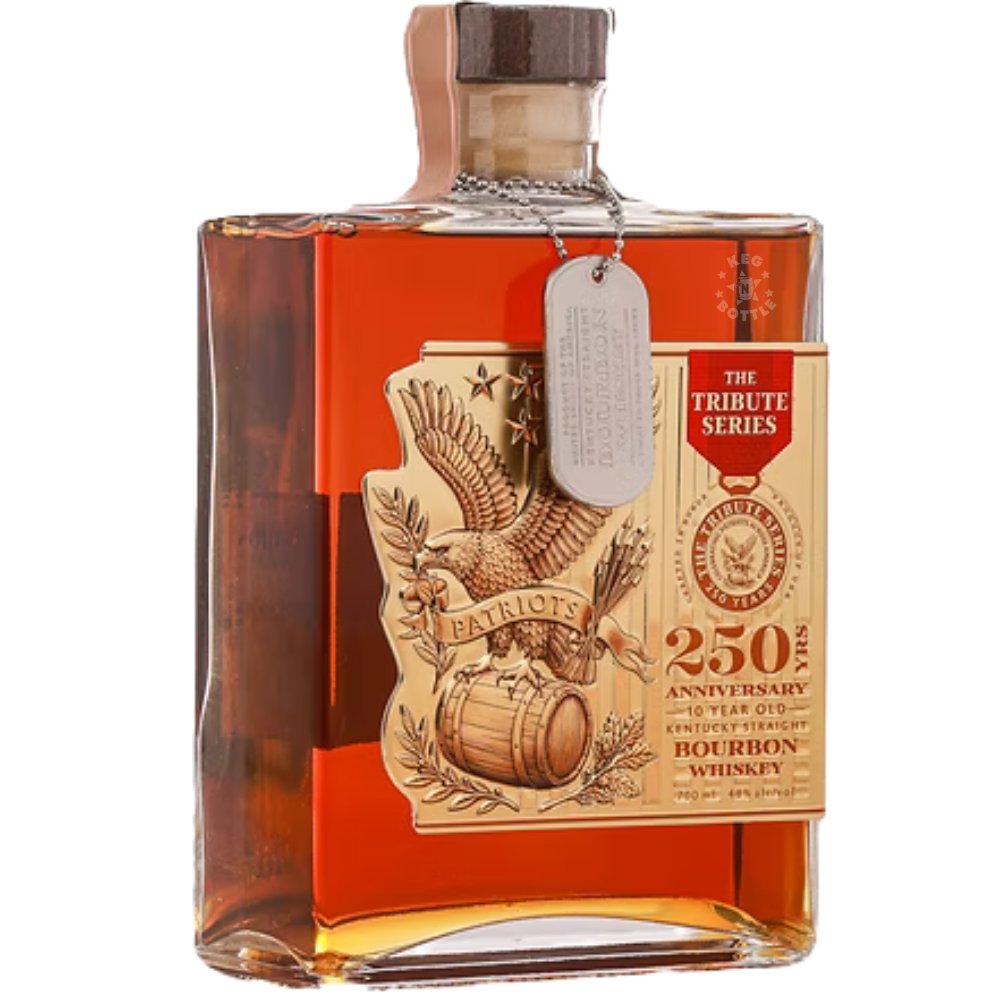 The Tribute Series 250th Anniversary 10-Year Kentucky Straight Bourbon Whiskey 750mL with gold American eagle artwork and dog tag-inspired pendant. 2